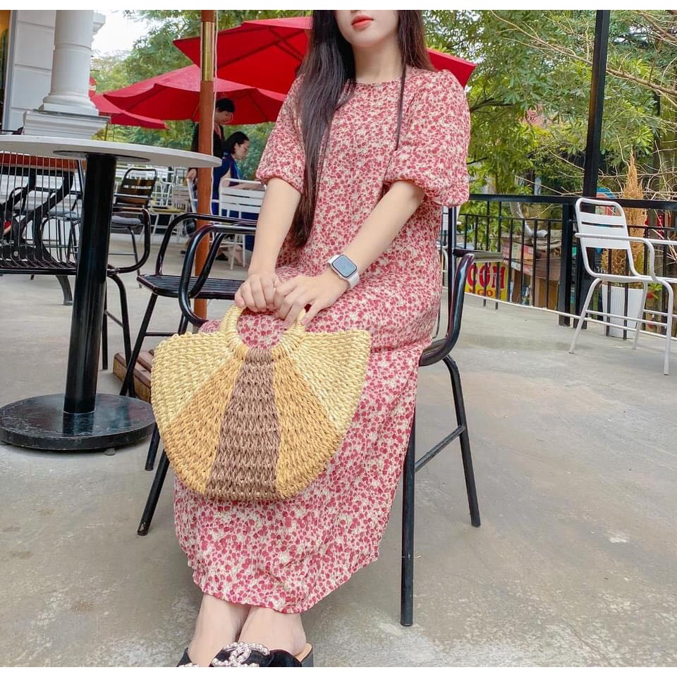 Váy Hoa Nhí, Đầm Bầu Hoa Nhí dáng babydoll chất vải lụa tằm mềm mại thoáng mát thoải mái.