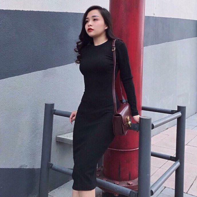 Váy Body Len Tăm Dài Tay CỔ TRÒN chất đẹp, phom rộng chị em big size bon chen được XẺ TÀ ĐÙI Đẹp ❗