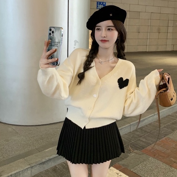 Áo Khoác Cardigan Dệt Kim Tay Dài Họa Tiết Trái Tim Phong Cách Hàn Quốc Thời Trang Cho Nữ | BigBuy360 - bigbuy360.vn