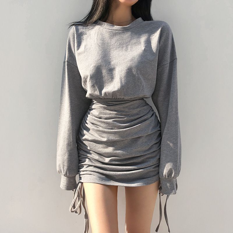 Đầm Dài Tay Dây Rút Hai Bên Hông