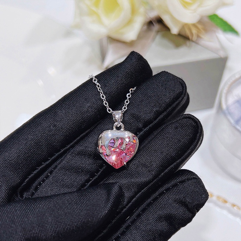 Vòng cổ Mạ Bạc 925 Mặt Trái Tim Đính Đá Hồng Sang Trọng