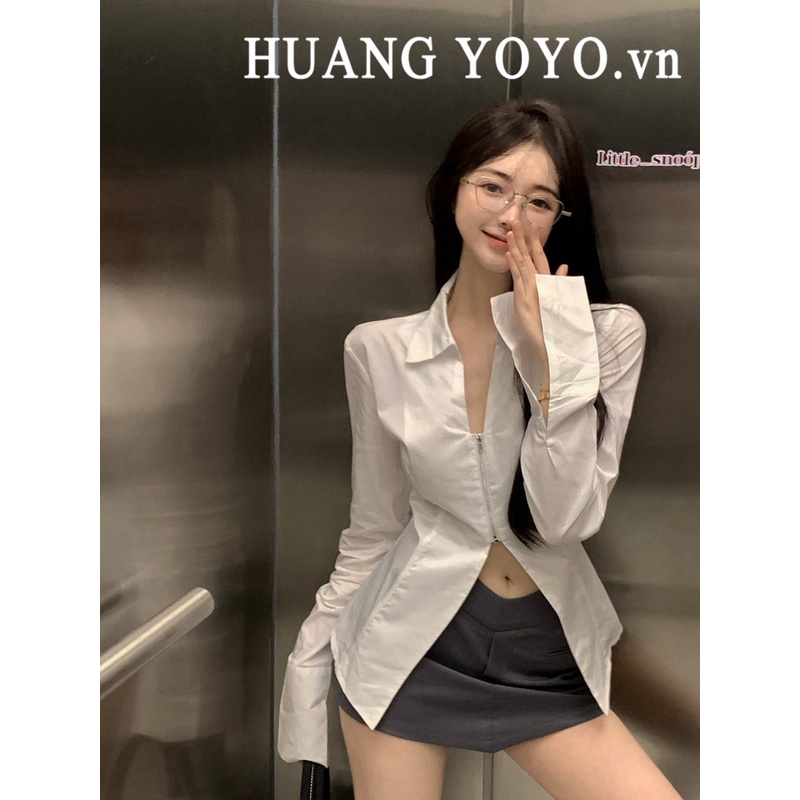 HUANG YOYO Áo Sơ Mi Trắng Tay Dài Cổ Chữ v Khóa Kéo Thời Trang Hàn Quốc Cho Nữ