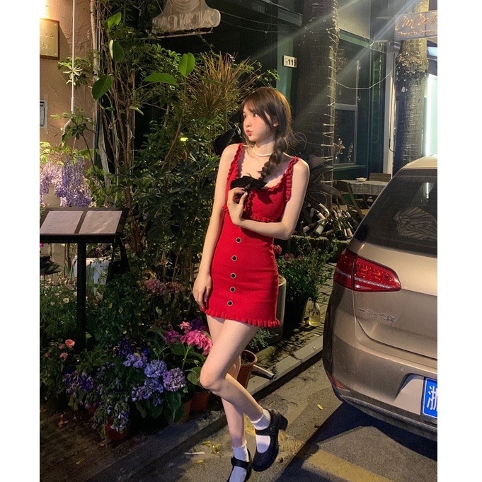 QADCOL  Đầm Hai Dây Dệt Kim Dáng Ôm Thời Trang Cho Nữ