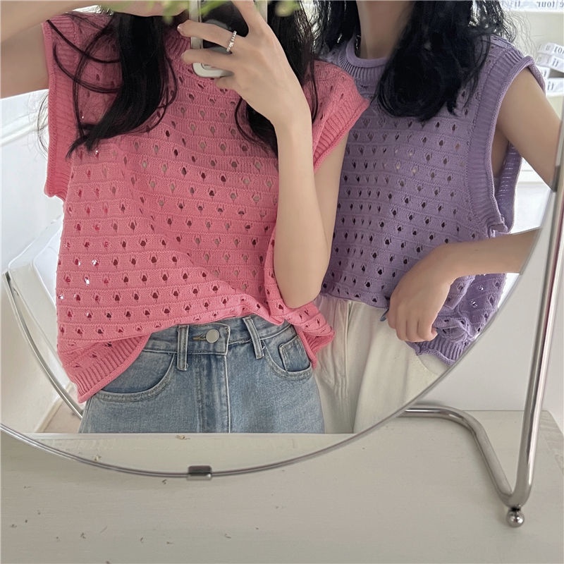 Áo Dệt Kim Sát Nách Cổ Tròn Dáng Ôm Màu Hồng Thời Trang Mùa Hè Cho Nữ