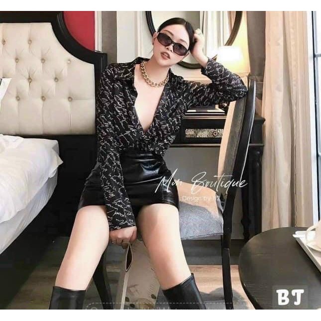 Áo sơ mi lụa nữ cao cấp dài tay họa tiết chữ 2 màu đen be