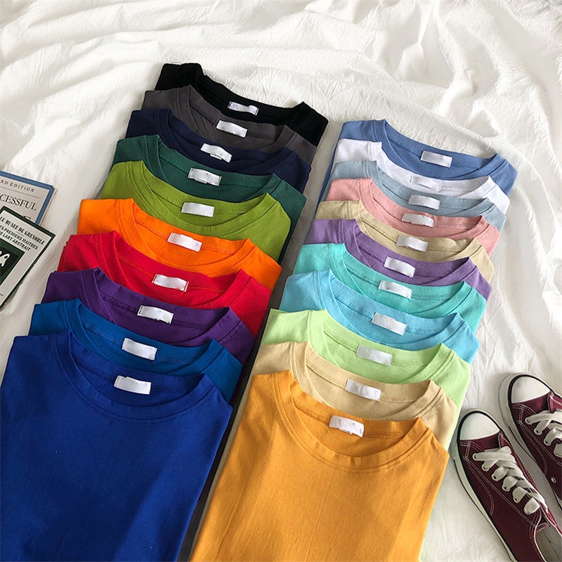 Áo thun cotton tay ngắn dáng rộng màu trắng phong cách Hàn Quốc thời trang cho nữ 2021