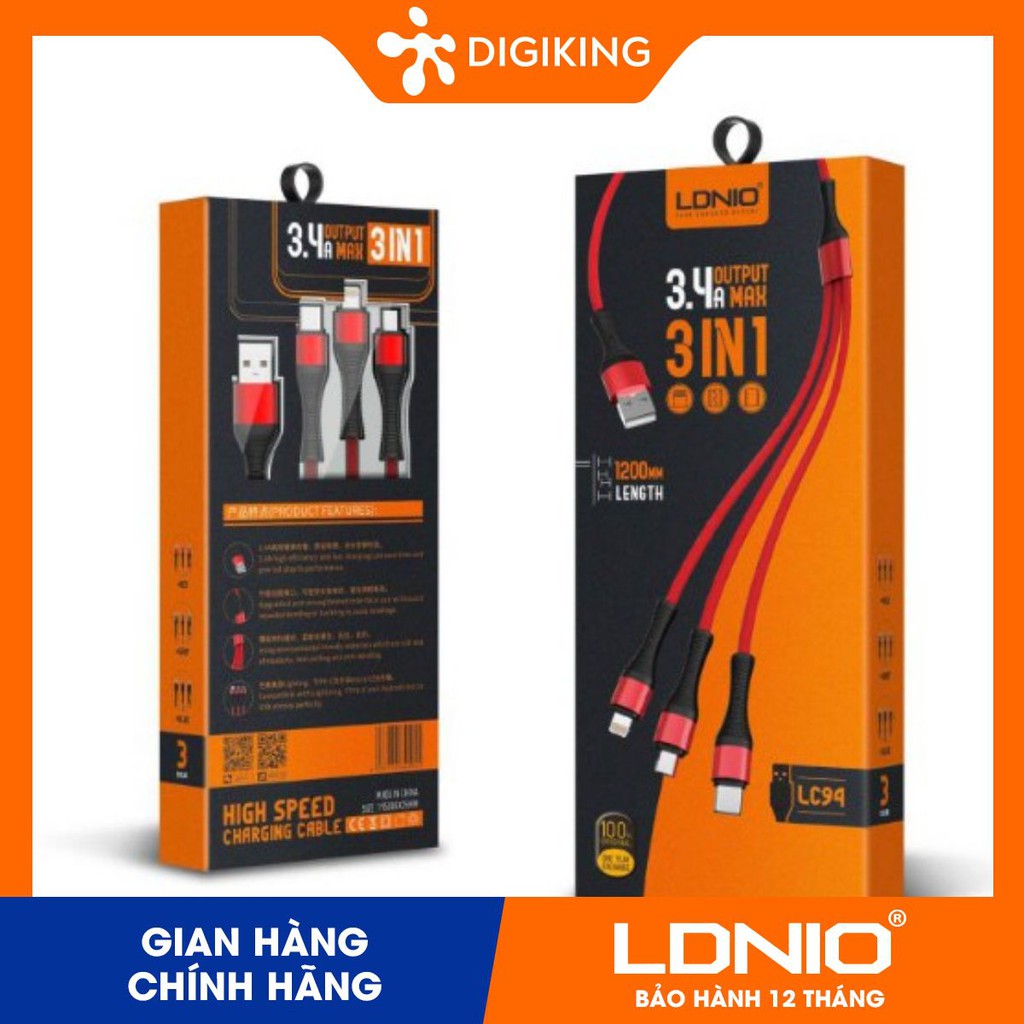 CÁP 3 ĐẦU LIGHTNING + MICRO + TYPE-C LDNIO LC94