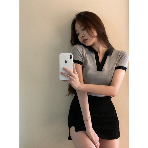 QADCOL Áo polo Tay Ngắn Cổ Chữ v Màu Sắc Tương Phản Quyến Rũ Dành Cho Nữ