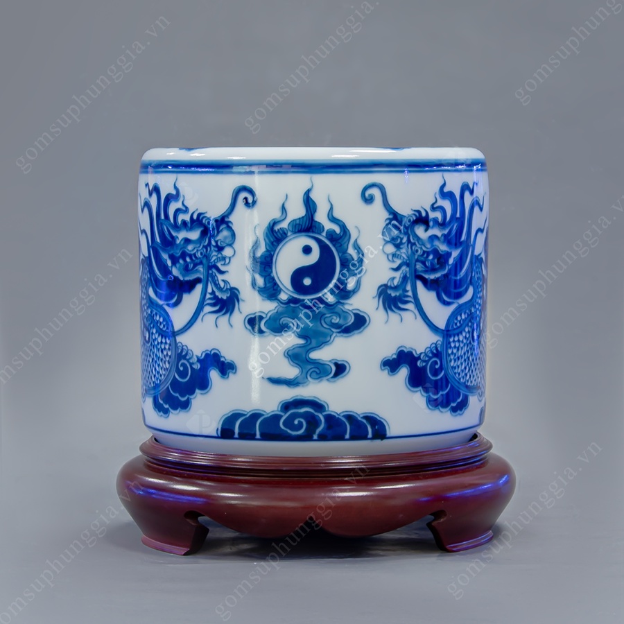 Bát hương men Lam Trắng Trơn họa tiết Rồng chầu thái cực, đồ thờ cúng Phùng Gia - Gốm sứ Bát Tràng cao cấp