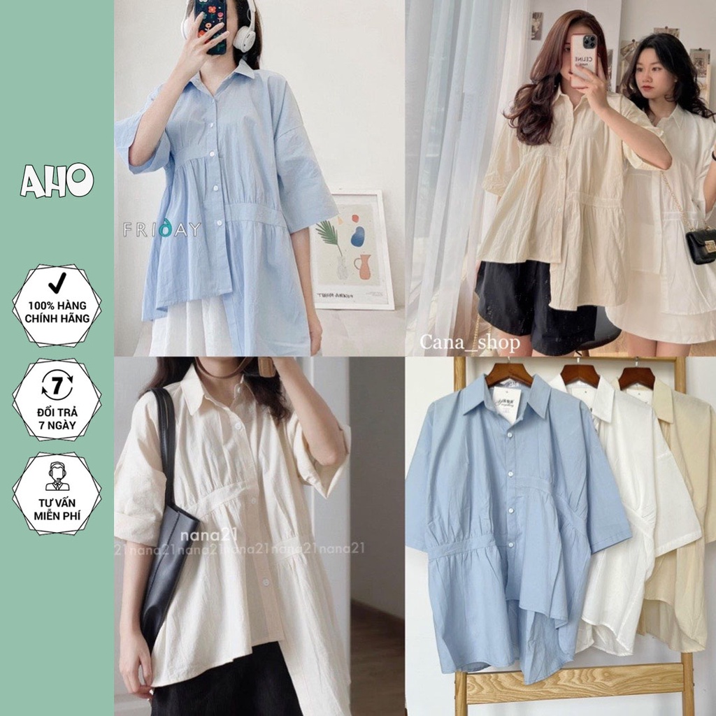 Áo Sơ Mi Nữ Hàn Quốc Vạt Lệch Cộc Tay Áo Sơ Mi Babydoll Ngắn Tay Freesize Form Rộng
