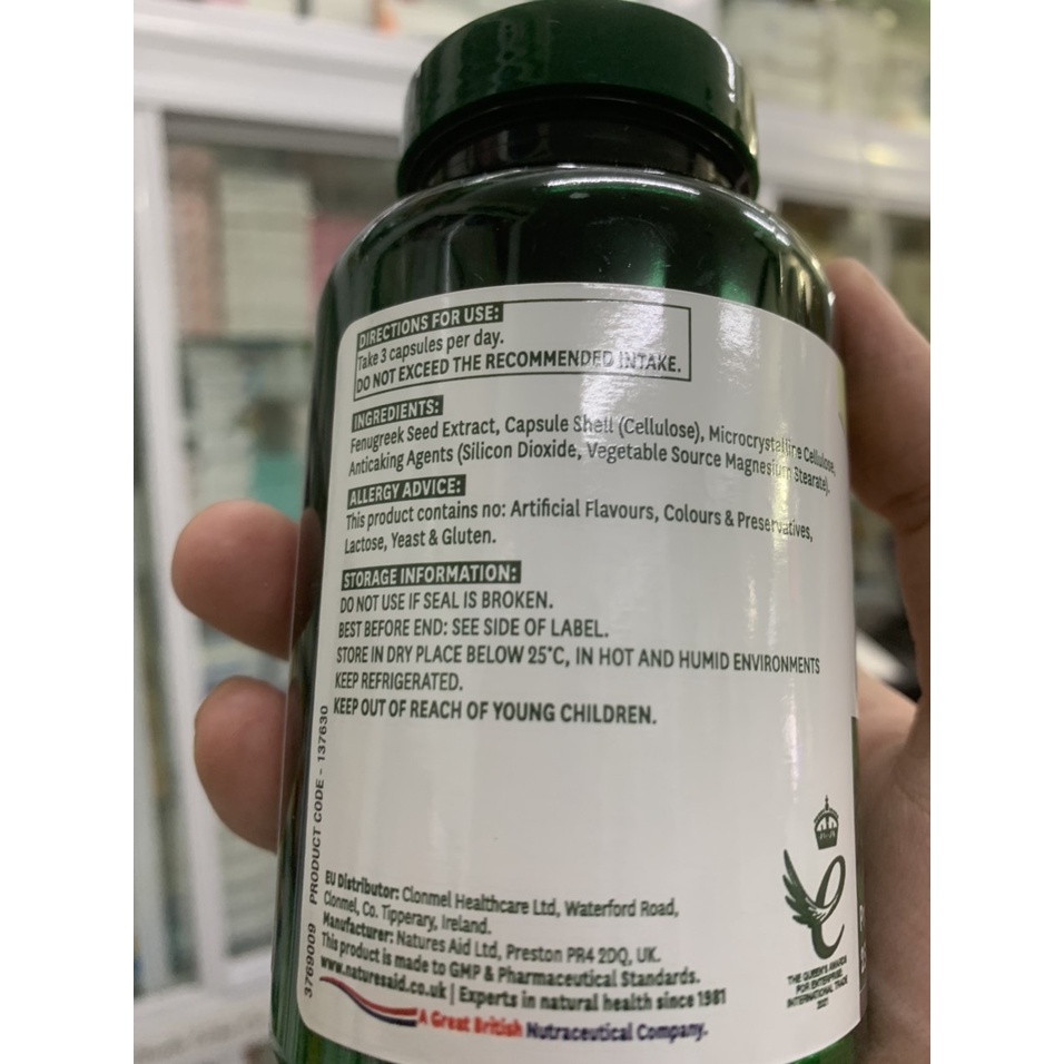 Cỏ Lợi Sữa Natures Aid Fenugreek 500mg - 90 viên - Nội Địa Anh - Mẫu mới