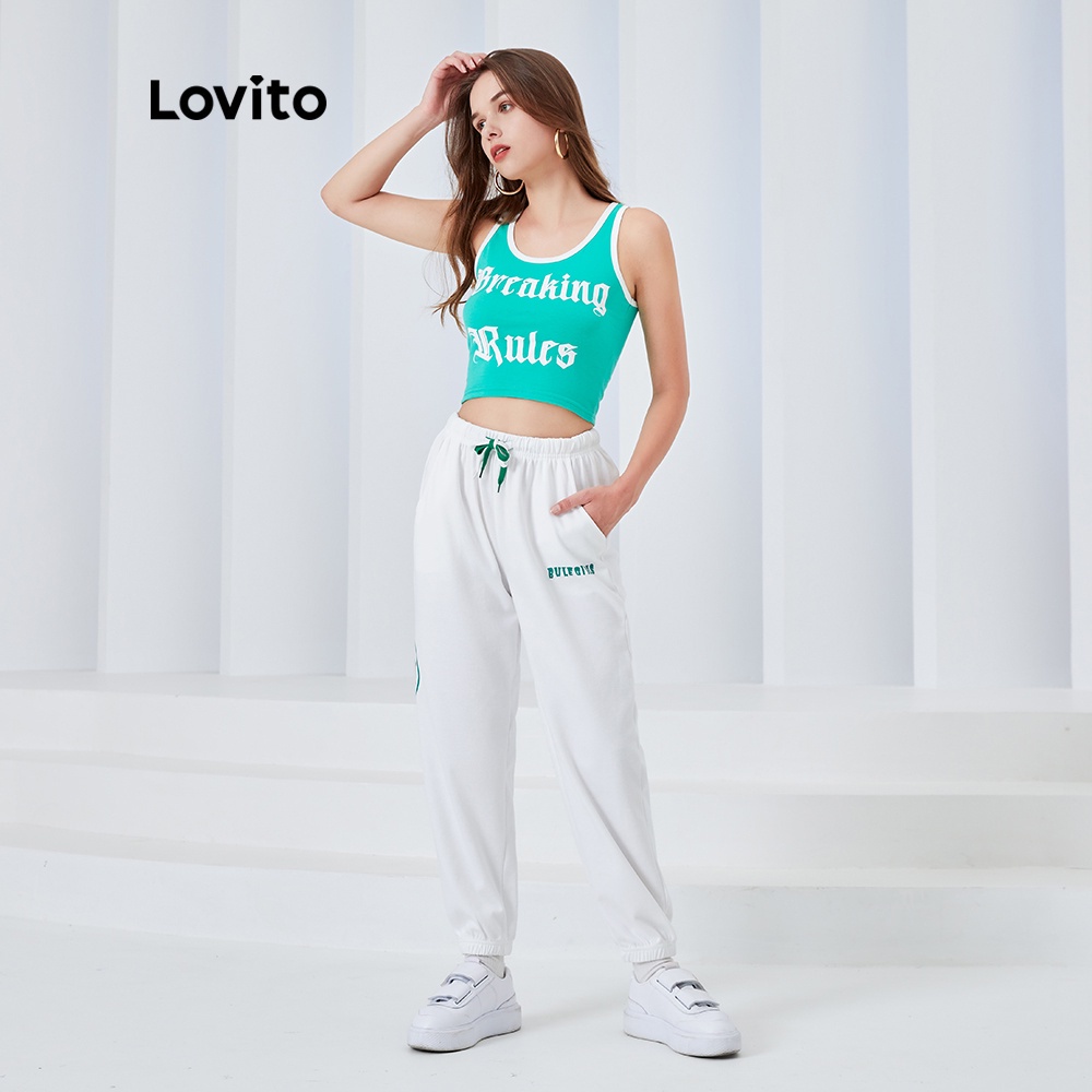 Quần jogger LOVITO lưng cao dây rút dáng suông rộng in họa tiết chữ cái phong cách thể thao L04069 (Màu trắng)