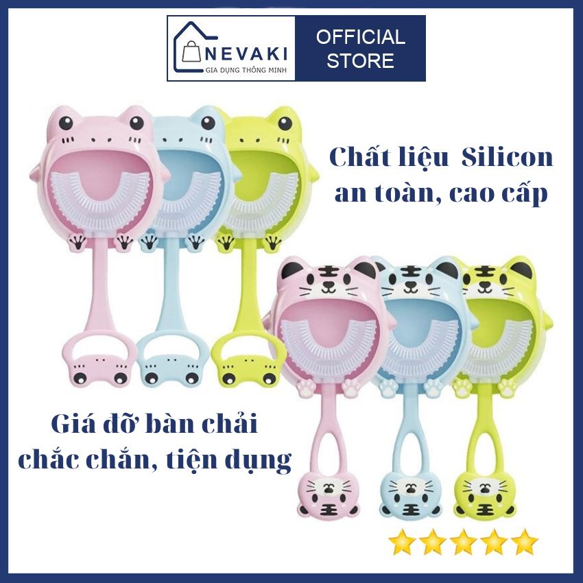 Bàn chải đánh răng trẻ em chữ U + Giá đỡ bàn chải chất liệu silicon , siêu mềm cho bé 2-6 tuổi Nevaki NK08