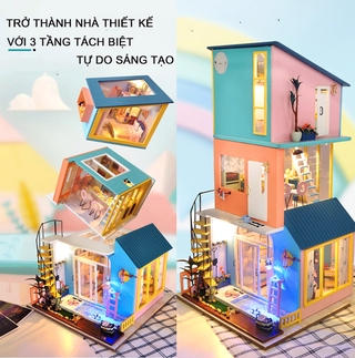 Nhà búp bê lắp ghép bằng gỗ Mẫu Biệt Thự 3 Tầng Sáng Tạo tặng kèm Cót Nhạc ,dụng cụ lắp ghép, keo silicon
