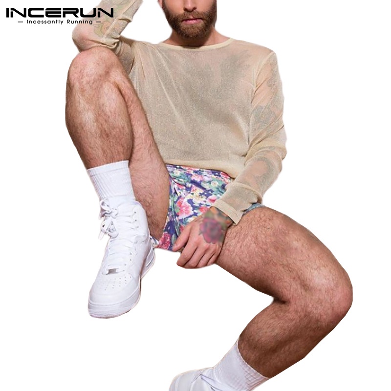 Áo thun INCERUN vải lưới mỏng xuyên thấu tay dài cổ tròn dáng rộng thời trang mùa hè cho nam