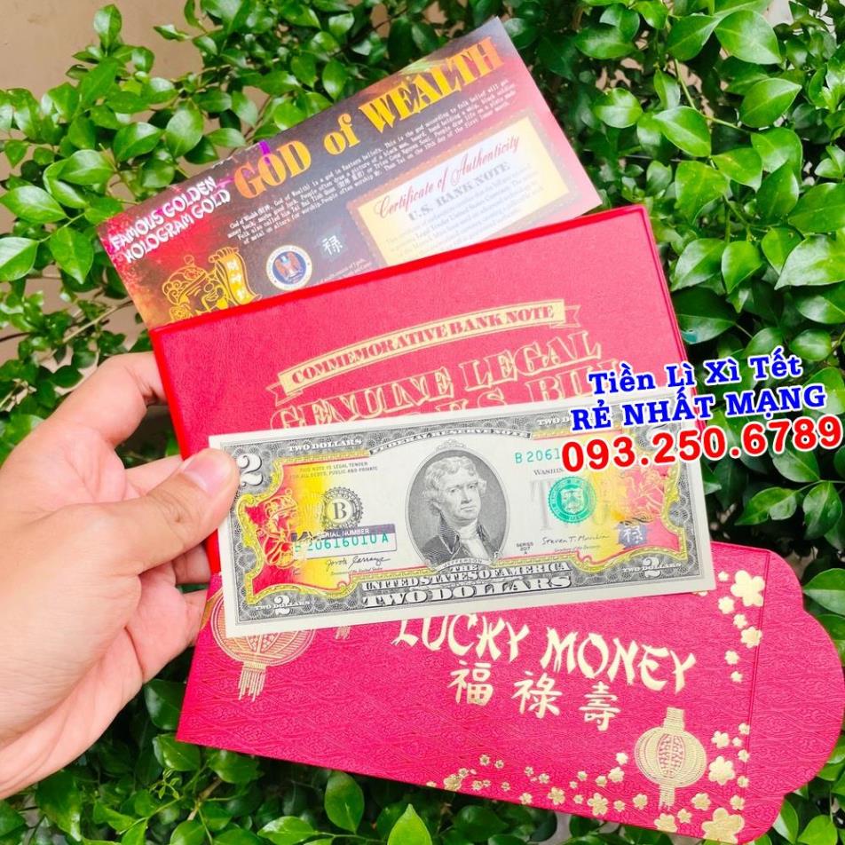 Lì Xì Tết tờ 2 Đô in hình Thần Tài Vàng tài lộc, quà tặng ý nghĩa - bao da đỏ - Quà Tết 2022