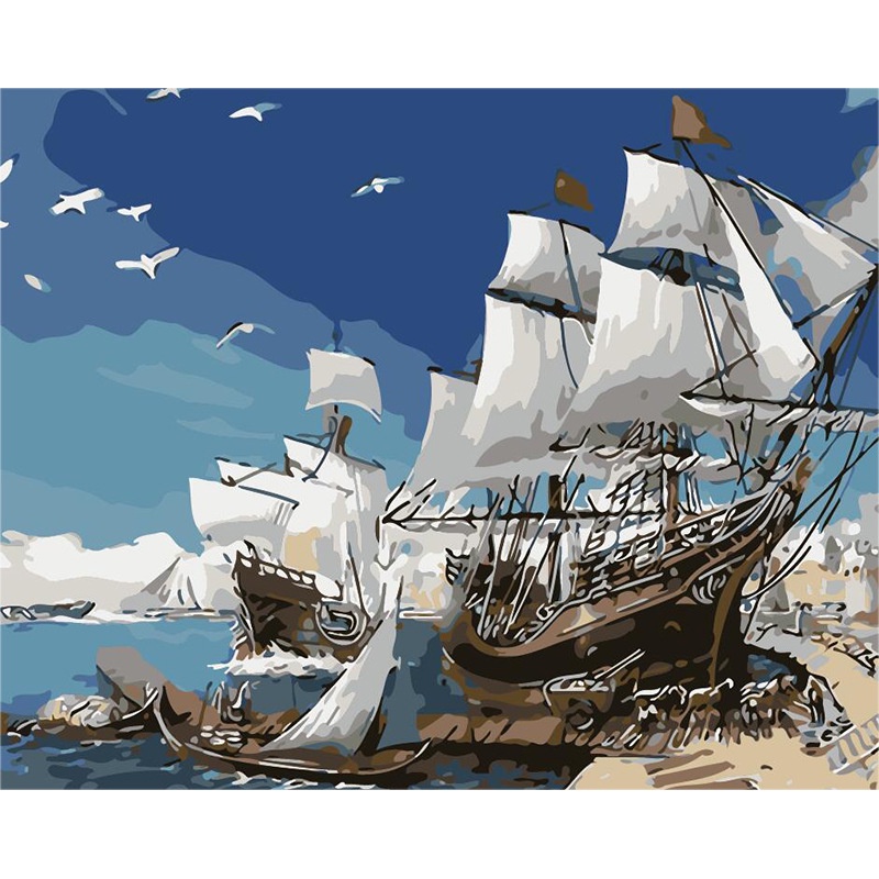 Bộ tranh sơn dầu 40*50Cm tự làm họa tiết chiếc thuyền dùng để trang trí nhà tiện dụng + phụ kiện