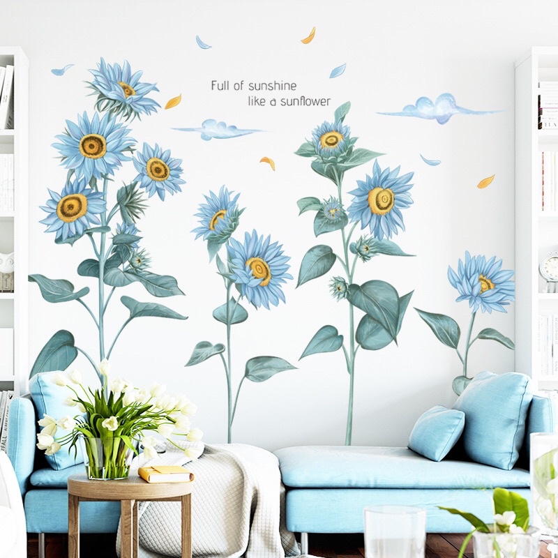 Decal hướng dương xanh phong cách hàn quốc, sẵn keo dán