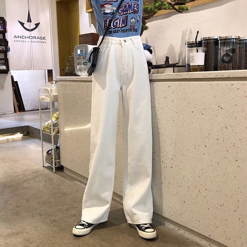 Quần Denim Ống Suông Lưng Cao Dáng Rộng Màu Trắng