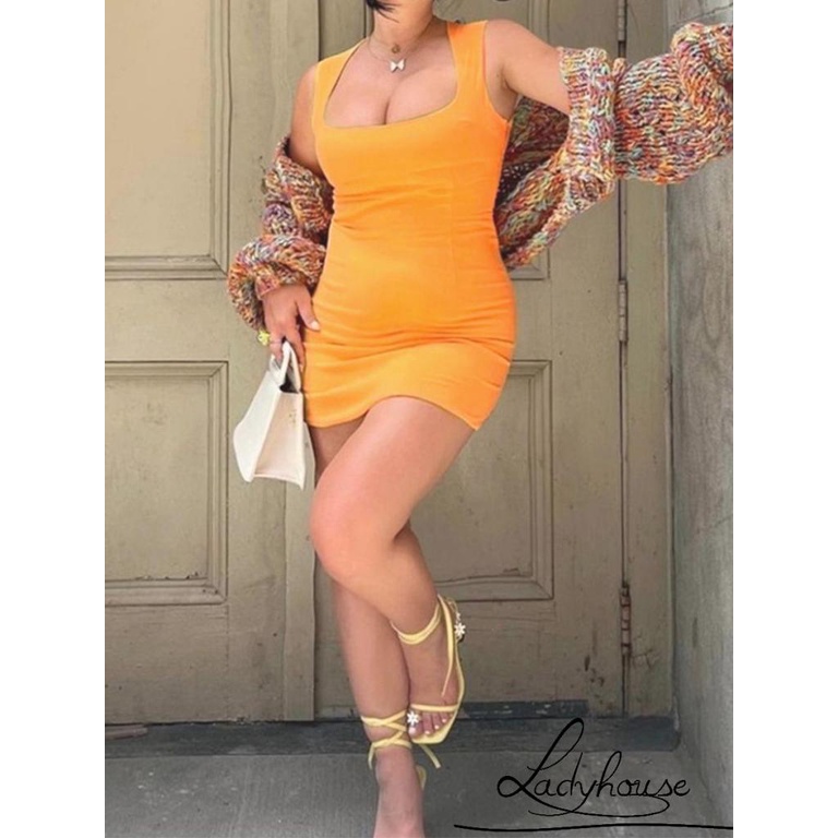 Đầm Hai Dây Cổ Vuông Màu Vàng Thời Trang Mùa Hè Quyến Rũ Cho Nữ