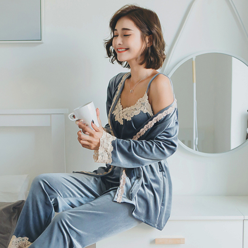 áo nữ đồ bộ pyjama Đồ mặc nhà pijama Set Đồ Ngủ Bằng Lụa Satin Phong Cách Hàn Quốc Quyến Rũ Dành Cho Nữ đồ ngủ nữ tiểu thư dễ thương lụa sexy cute bigsize dài tay hai 2 dây