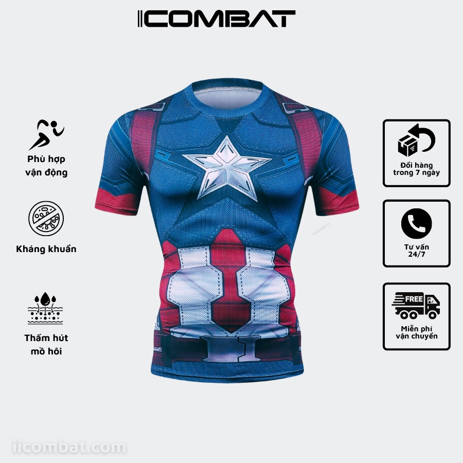 iiCOMBAT Áo Thể Thao Nam Thun lạnh Siêu Anh Hùng Đội trưởng Mỹ - Áo Thun Tập GYM Nam Nữ Ôm Body CAPTAIN AMERICA