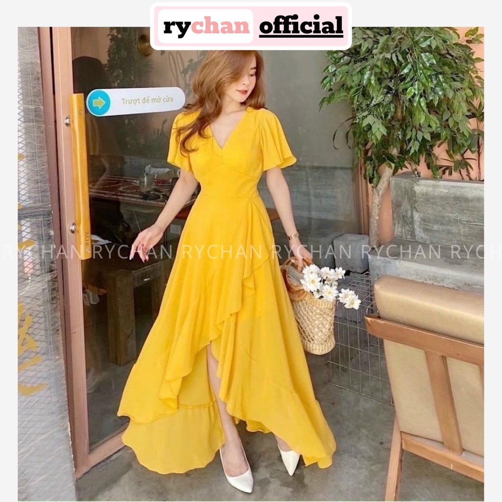 Đầm Xòe Dạo Biển Midi Lệch Tà Viền Bèo 2 Màu Siêu Xinh - DX0093