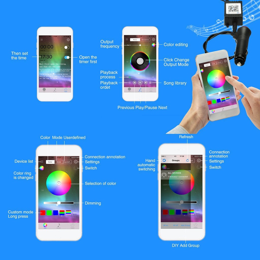 Đèn LED RGB usb APP không dây trang trí nội thất xe hơi