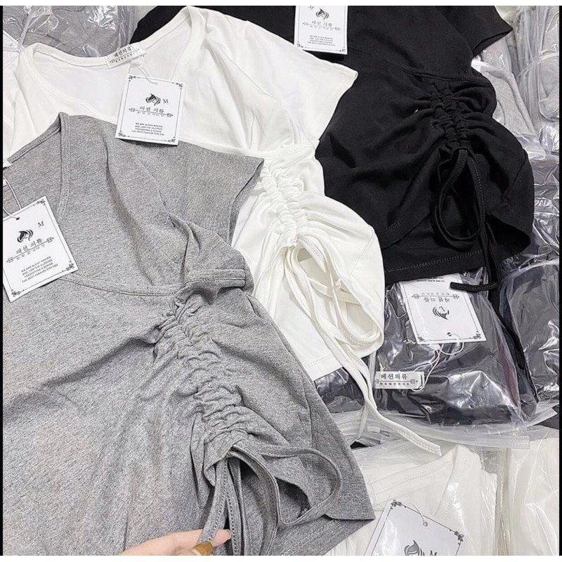 ⚡️BÁN SỈ⚡️Áo cộc tay rút dây lệch 3 màu đen, trắng, xám