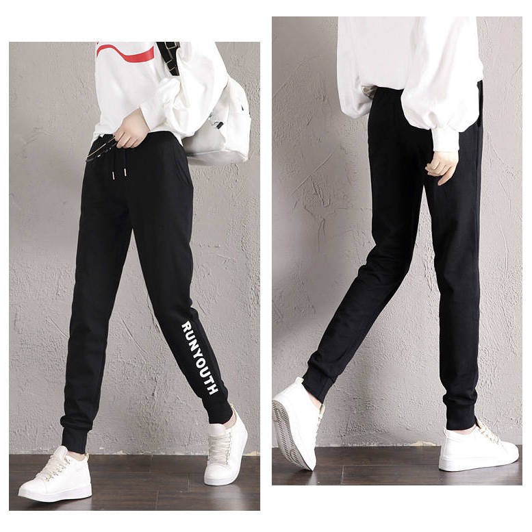 Quần dài thể thao dây rút eo màu đen bình thường dành cho sinh viên nữ