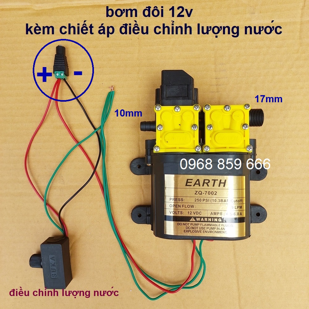 máy bơm phun sương ,máy bơm nước đôi EARTH tăng áp lực nước mini 12V 120W Lưu lượng 9L/phút (bơm đôi 12v)