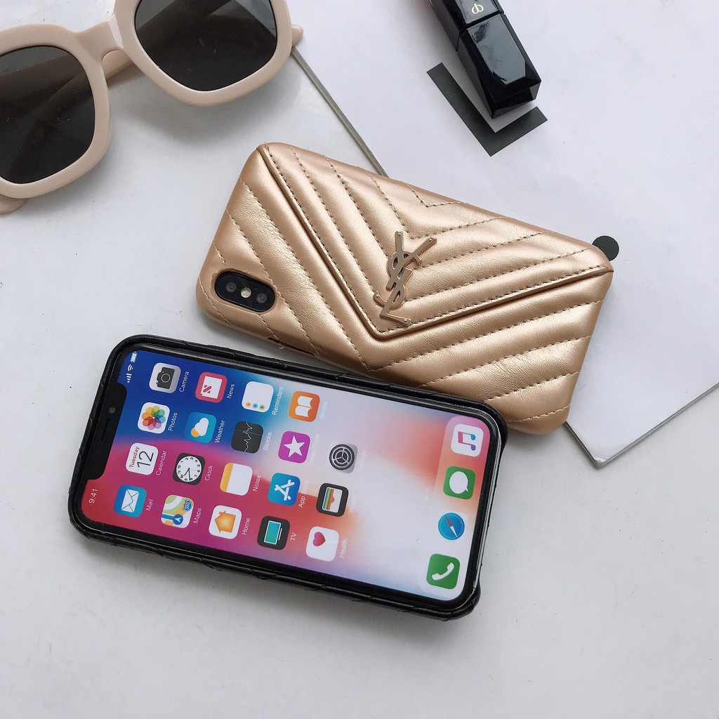 Ysl Ốp Điện Thoại Da Cừu Phối Ví Đựng Thẻ Kim Loại Dành Cho Iphone 7 8 Plus Xr