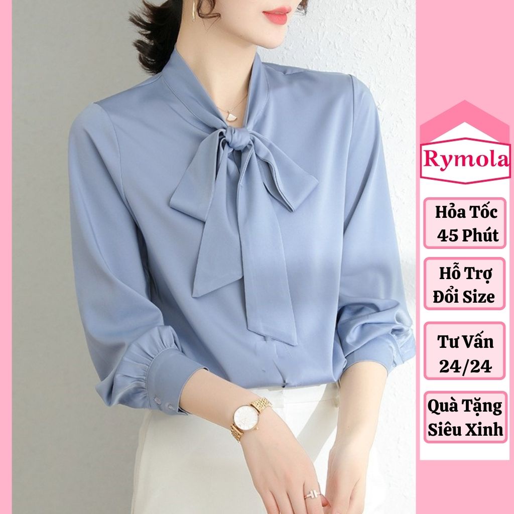 Áo Sơ Mi Kiểu Công Sở Đẹp MOLA Tay Dài Cổ Thắt Nơ Màu Xanh Chất Lụa Cao Cấp From Rộng Hàn Quốc Ulzzang Vintage A1X