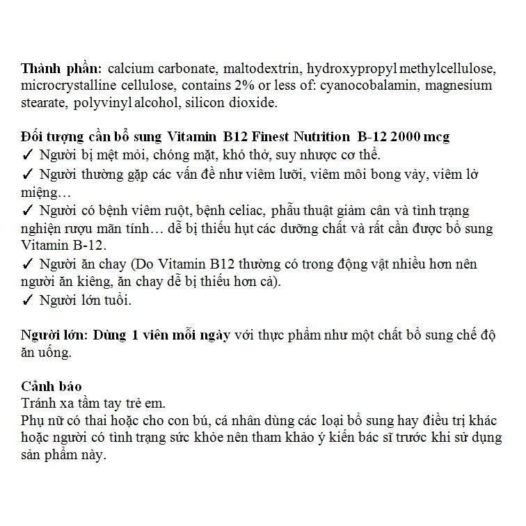 HŨ Vitamin B12  2000 mcg Vitamin D3 2000 IU Finest Nutrition