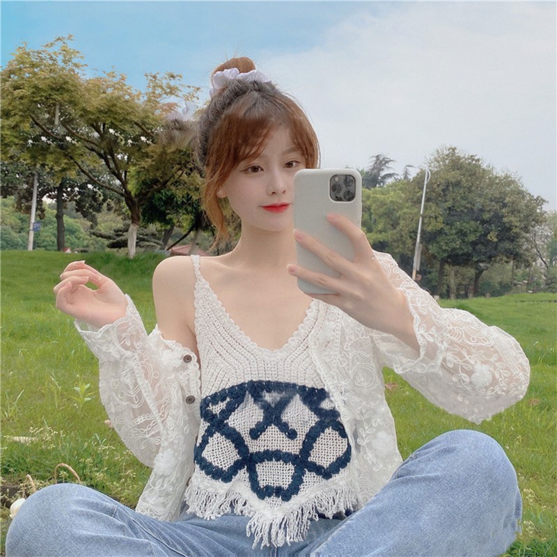 Áo Cardigan Dệt Kim Tay Dài Phối Lưới Mỏng Che Phủ Phía Trước Cho Nữ