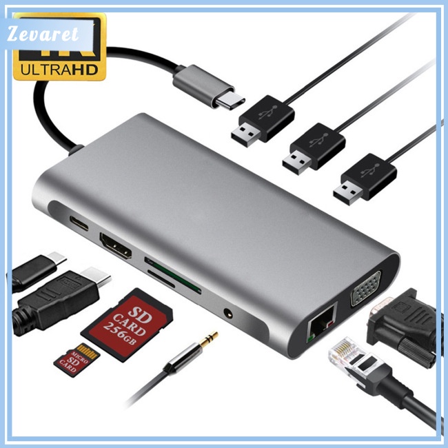 Bộ Chia Cổng Type-c Sang HDMI VGA RJ45 PD USB 3.0 10 Trong 1