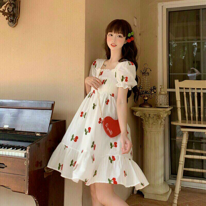 Đầm tiểu thư babydoll tay phồng,đầm trắng in cherry cổ vuông nhún ngực dáng xoè đi chơi dễ thương