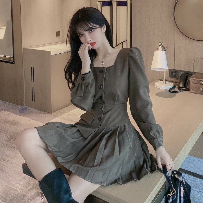 Đầm dự tiệc váy xếp ly váy công sở cổ vuông tay bồng - Đầm công sở SS017 | BigBuy360 - bigbuy360.vn