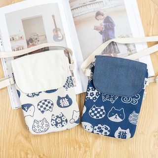 Túi Đựng điện thoại, phụ kiện, mỹ phẩm, vải Canvas Họa Tiết Mèo Nền Xanh Đen NemoHandmade - TDCM2M