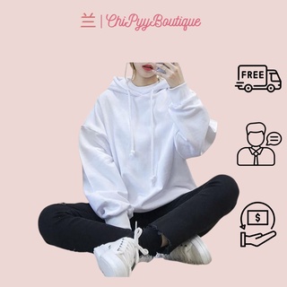 [Video + Ảnh thật] Hoddie nỉ bông tay dài trắng trơn unisex - Áo khoác nỉ chui đầu trắng tuyết có nón form rộng trơn