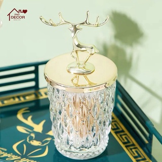 Hũ Lọ Đựng Phố Decor Chất Pha Lê Nắp Vàng Đính Hươu Đựng Hạt Mứt, Bông Tăm, Trang Sức Cao Cấp