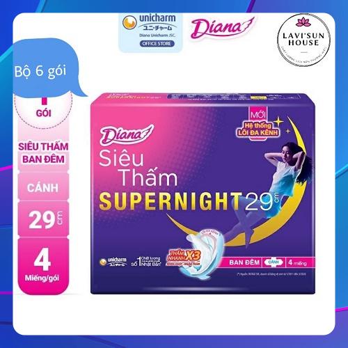 Bộ 6 gói băng vệ sinh Diana siêu thấm supernight 29cm mẫu mới 4miếng gói