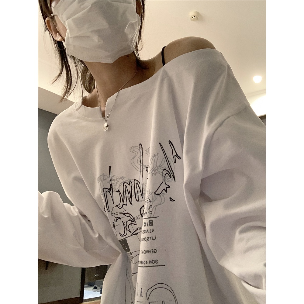 Ethelgirl Áo Thun Tay Dài Trễ Vai Họa Tiết Độc Đáo Phong Cách Cổ Điển Thời Trang Hàn Quốc Cho Nữ