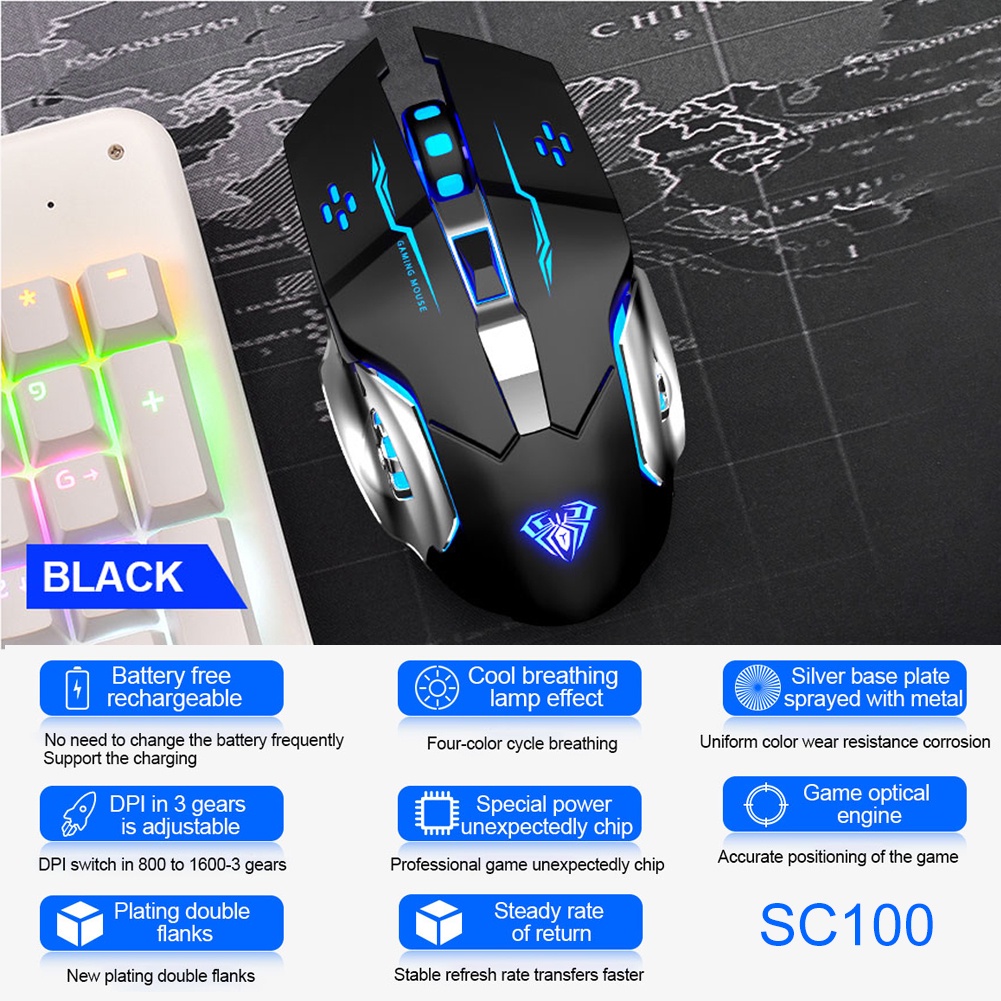 Chuột quang không dây AULA SC100 800mAh đèn 4 màu cho máy tính