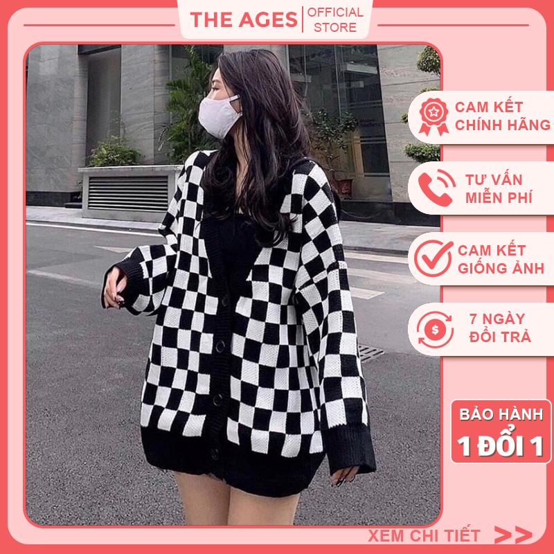 Áo cardigan len dày họa tiết sọc caro, Áo khoác len nữ form rộng 100% được may từ len mềm mịn, dày dặn THE AGES