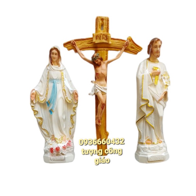 Bộ 3 Tượng Đức Mẹ Maria Thánh Giuse cao 40cm và Thánh giá Chúa chịu nạn 46cm màu trắng
