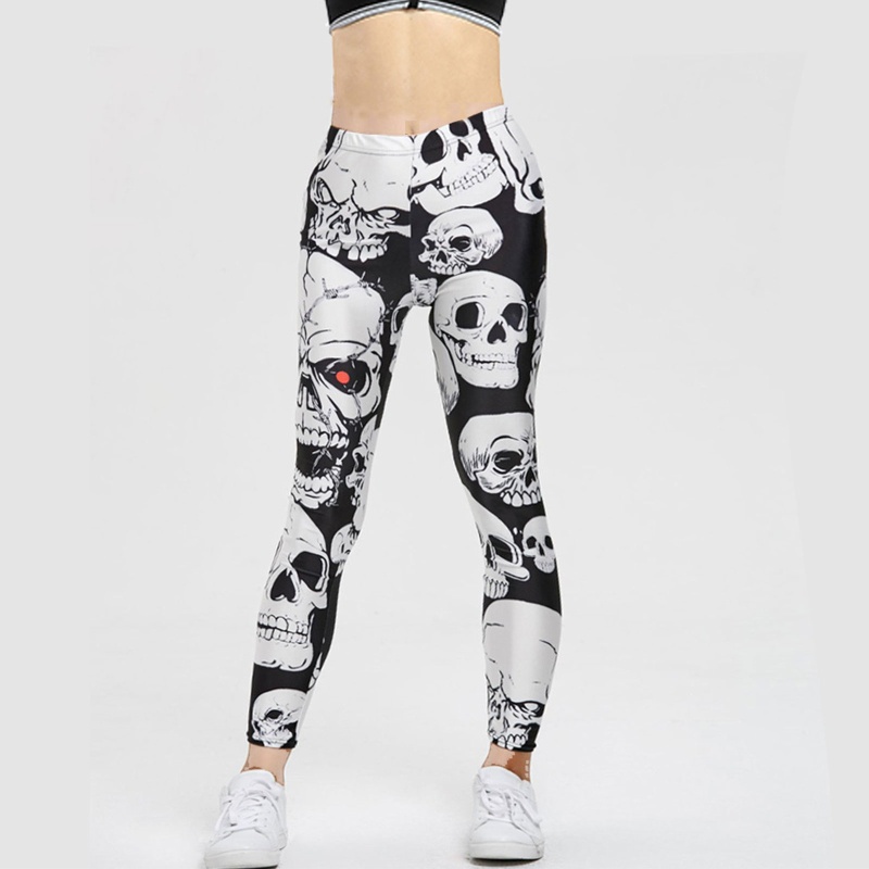 Xiangbao Quần Legging Thể Thao Lưng Cao In Hình Đầu Lâu Phong Cách Gothic Punk Tập Yoga Kỹ Thuật Số Cho Nữ