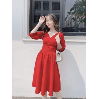 ĐẦM ĐỎ CAO CẤP CỔ CHỮ V TAY LỠ PHỐI NÚT BỌC