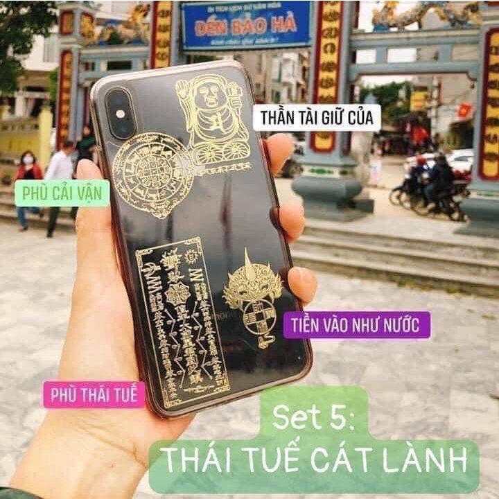 Combo 4 miếng dán trang trí điện thoại Linh phù phong thuỷ may mắn bình an tài lộc hạnh phúc
