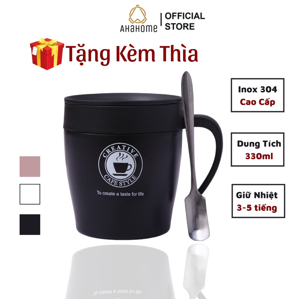 Cốc Cafe Giữ Nhiệt AHAHOME 330ml Chất Liệu Inox 304 Nhỏ Gọn Có Tay Cầm Sang Trọng [Tặng Kèm Thìa]